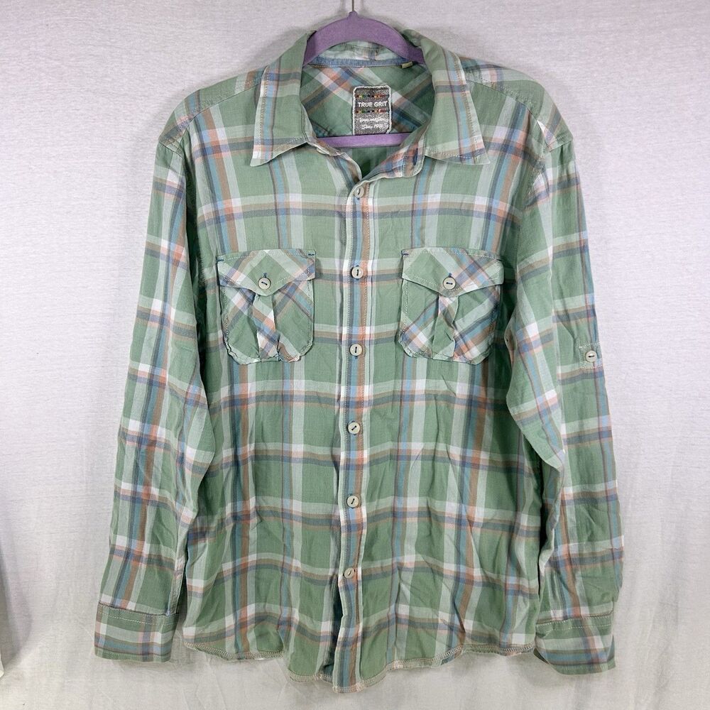 True Grit Mens Med Long‎ Sleeve Button Up Flap Pockets Pastel Plaid Flannel